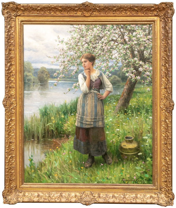 A figure of a maid in working attire, with her hair pulled up and back, appearing to ponder life as she stands by the riverside with a jug for fetching water with her right arm and clenched hand supporting her chin. The naturalistically painted landscape is in full bloom, with flowering trees and tall wild grasses abutting the river at its bank. Signed 